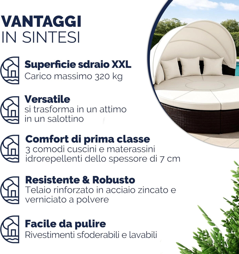 Isola Prendisole Polyrattan Ø230 Baldacchino Cuscini Lettino Set Lounge Componibile