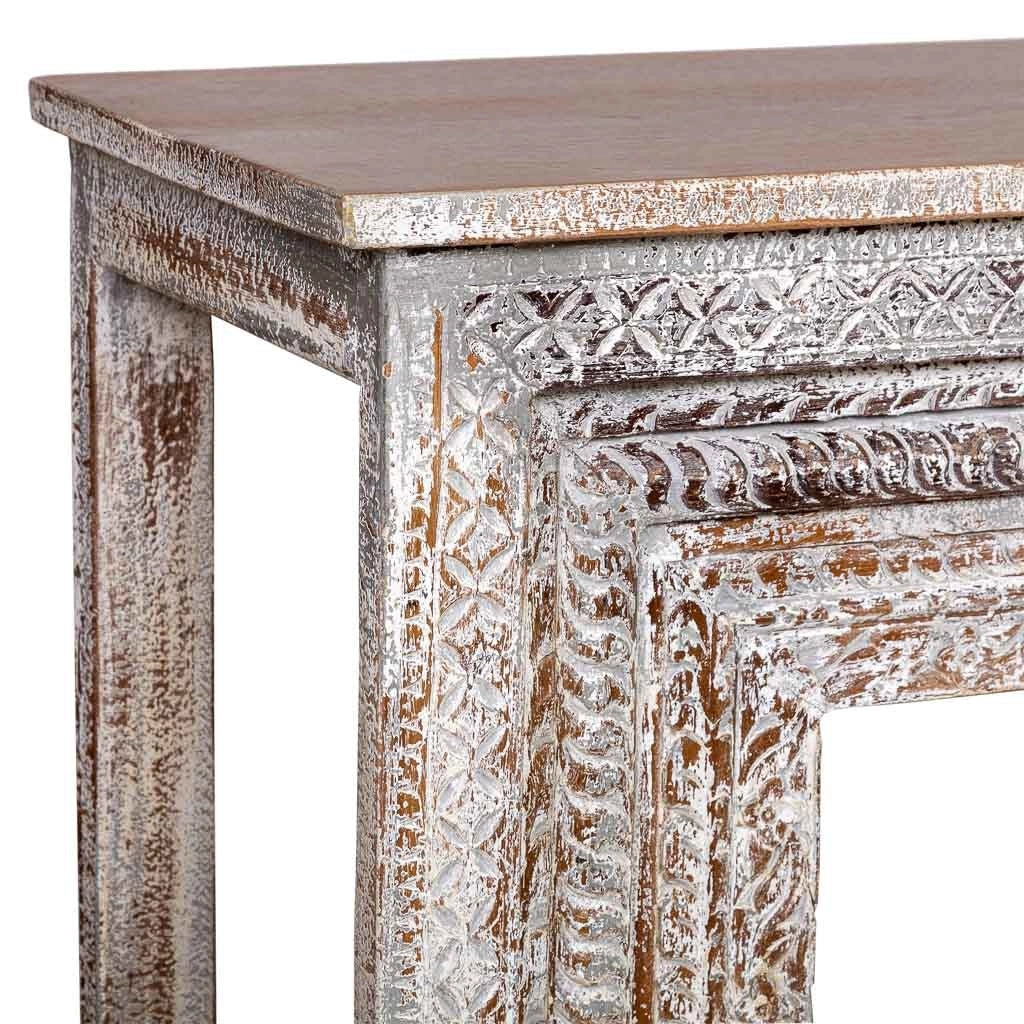 Mobile da ingresso in legno intagliato con finitura marrone invecchiato fatto a mano 160x39x86