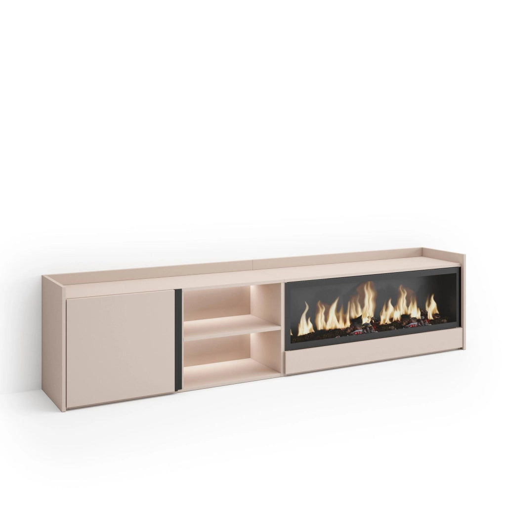 Mobile TV Soggiorno, 212x50x35 cm, Per TV fino a 80", Camino elettrico XXL, LED, Beige