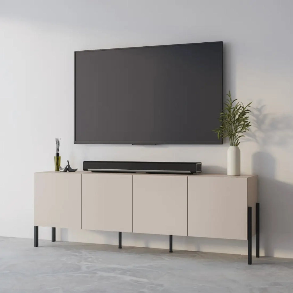 Buffet SALMA 4 porte Push-to-Open – beige & nero opaco, 204×70×40 cm