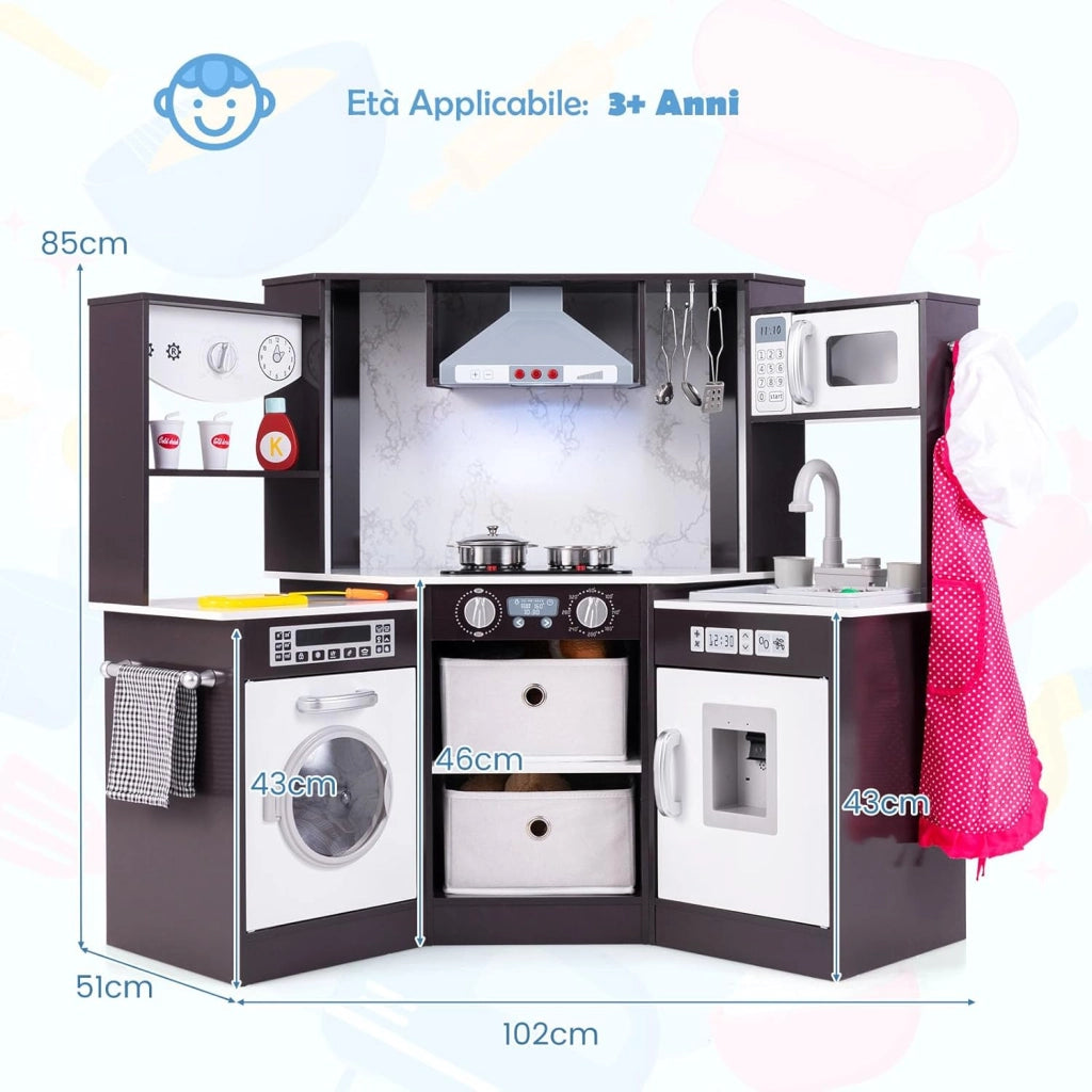 Set di Cucina Giocattolo per Bambini, con Luci e Suoni, Cappa Aspirante illuminata, Fornelli, Forno a Microonde, Distributore d'acqua e Lavatrice, Ideale per Bambini 3 Anni+ (Caffè)