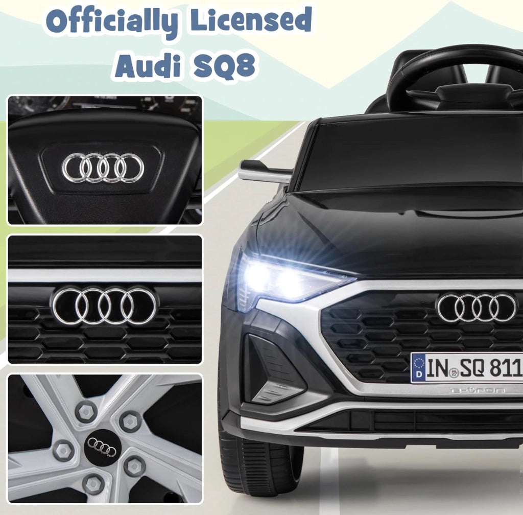 Macchina Elettrica per Bambini Audi SQ8 12V con Telecomando, Auto Elettrico a Pedale, Veicoli con Musica, Fari LED e Doppio Motore, 3 Velocità 3-5km/h, Carico 30 kg, 3+ Anni (Nero)