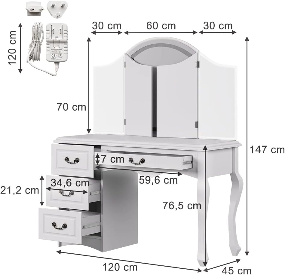Vicco Tavolo da toeletta Belle, Bianco, 120 cm con illuminazione LED dimmerabile
