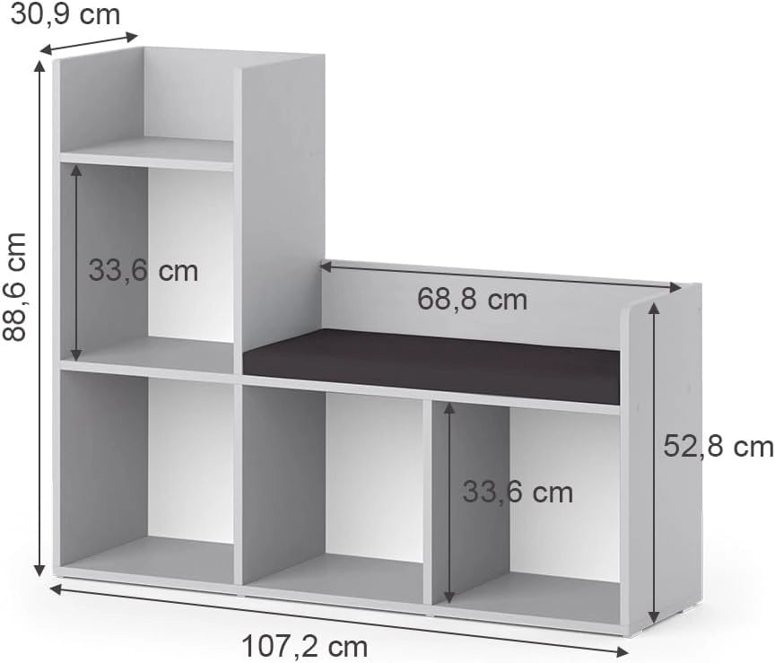 Scaffale per bambini Luigi, Grigio, 107.2 x 88.6 cm, con seduta imbottita e quattro ripiani aperti