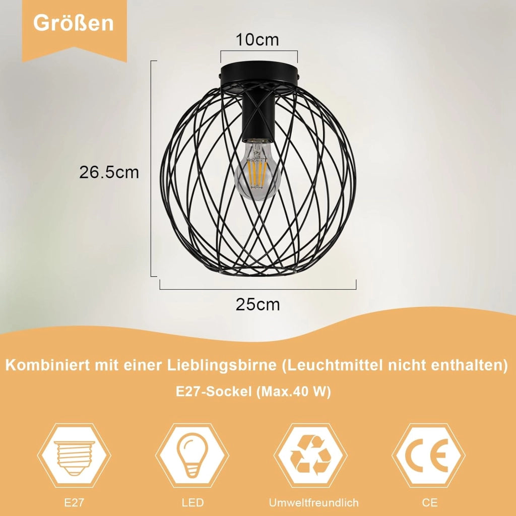 ZMH Lampada da soffitto vintage nera 25cm griglia gabbia per interni
