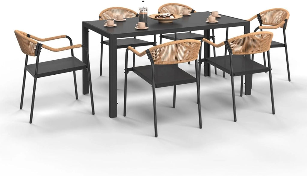 Set di mobili da Giardino Madeira Tavolo 150 cm e 6 sedie in Corda e textilene Nero e Rattan Chiaro