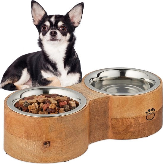 Bacino per cani doppio con contenitore in legno - 2 comignoli in acciaio inossidabile - 400 ml ciascuno - tenuta alimenti e acqua