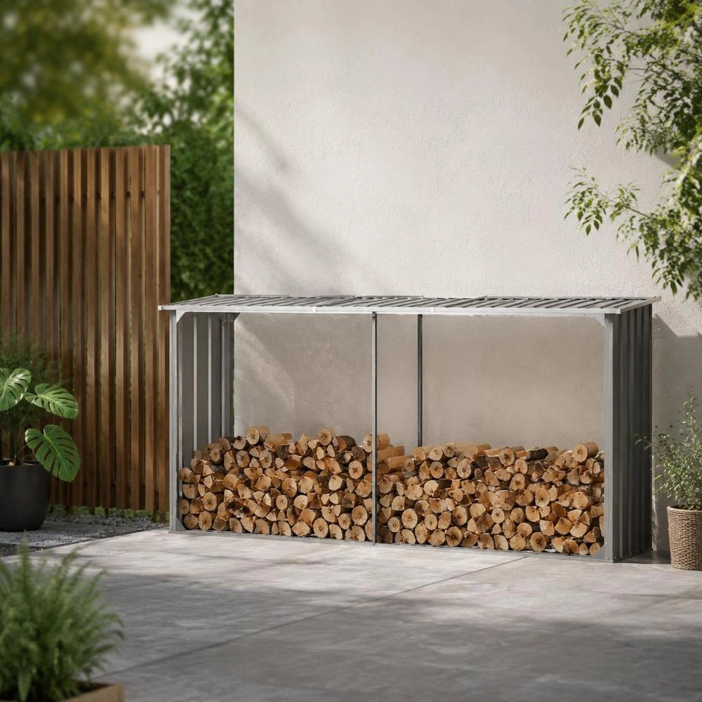 Firewood Storage Unit Made Of Galvanized Steel, 330 X 92 X 153 Cm, Grey