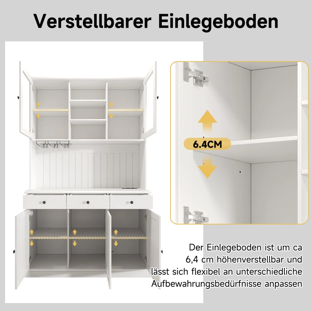Credenza alta con 2 Ante in vetro; 1 Cassetto; Ripiani Regolabili e Prese USB; in MDF; 120 x 40 x 191 cm; Bianco