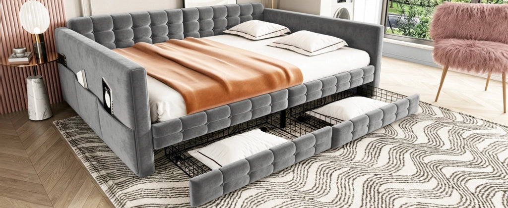 DESMIU Divano letto 140 × 190 cm 2 posti con 2 cassetti, tasche laterali e senza materasso, in velluto, grigio