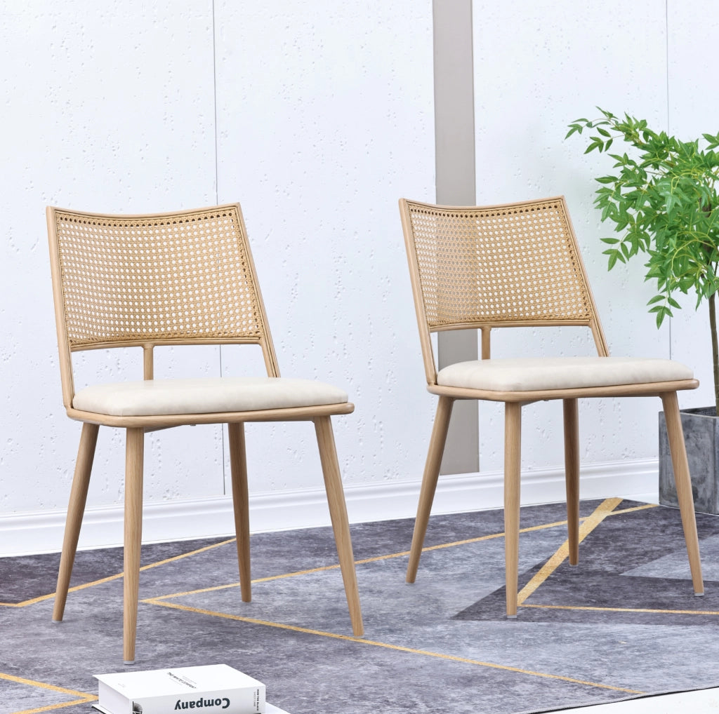 Set di 2 sedie da pranzo con seduta in PU e schienale in rattan; beige