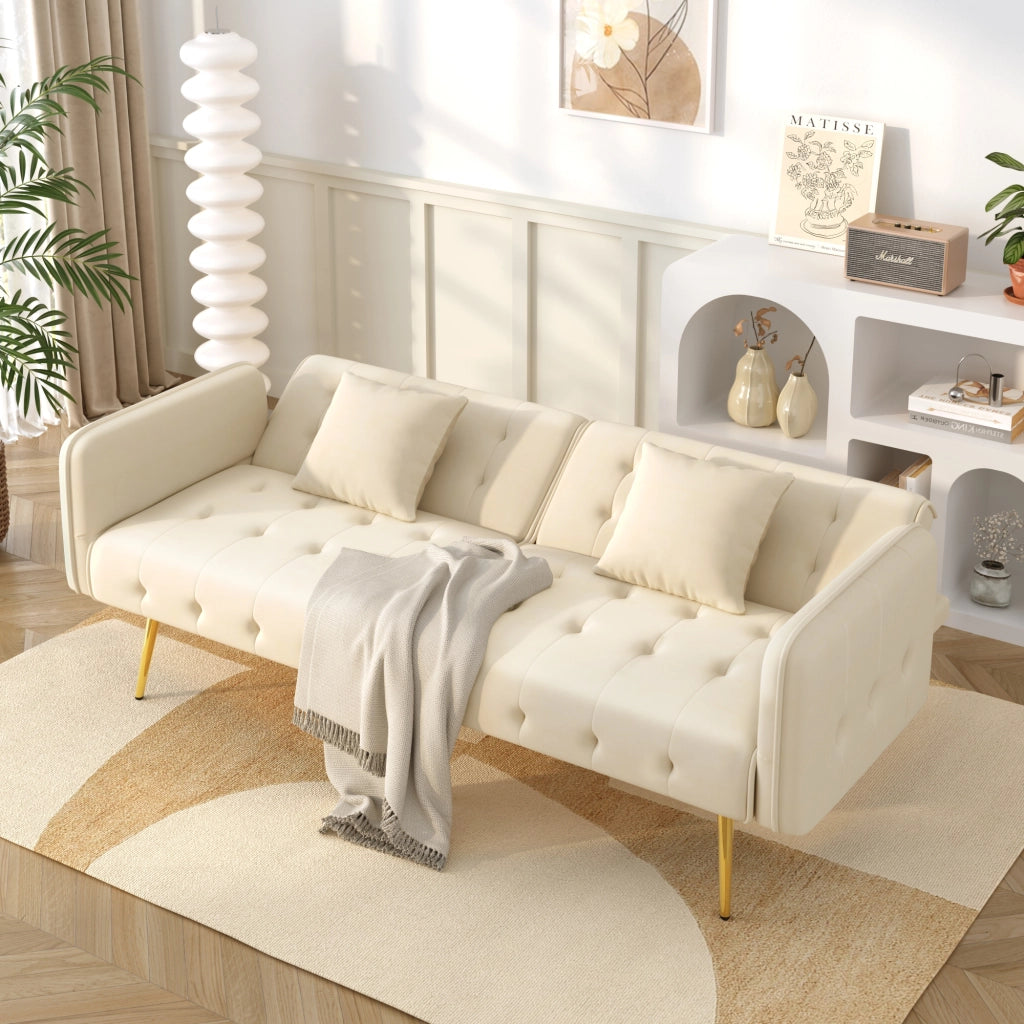 OKWISH Divano Letto 2 Posti, Schienale e Braccioli Regolabili, Cuscini Inclusi, Velluto e Schiuma, Beige