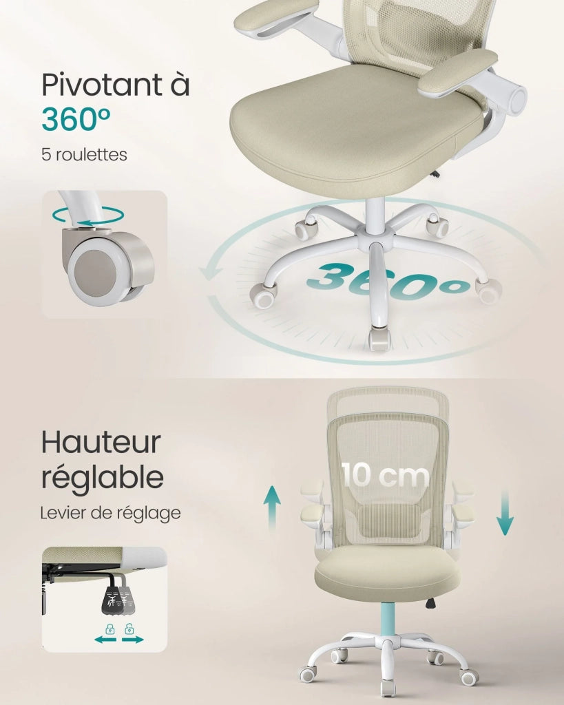 Sedia da ufficio con braccioli pieghevoli sedia da ufficio in tela seduta girevole a 360° supporto lombare regolabile salvaspazio beige 12_0005867