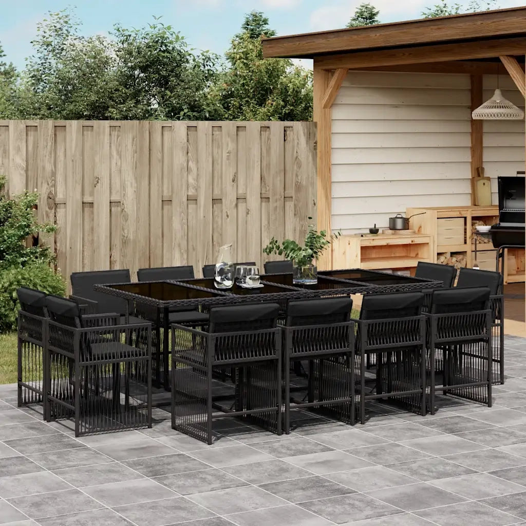 Set da Pranzo da Giardino 13pz con Cuscini Nero in Polyrattan