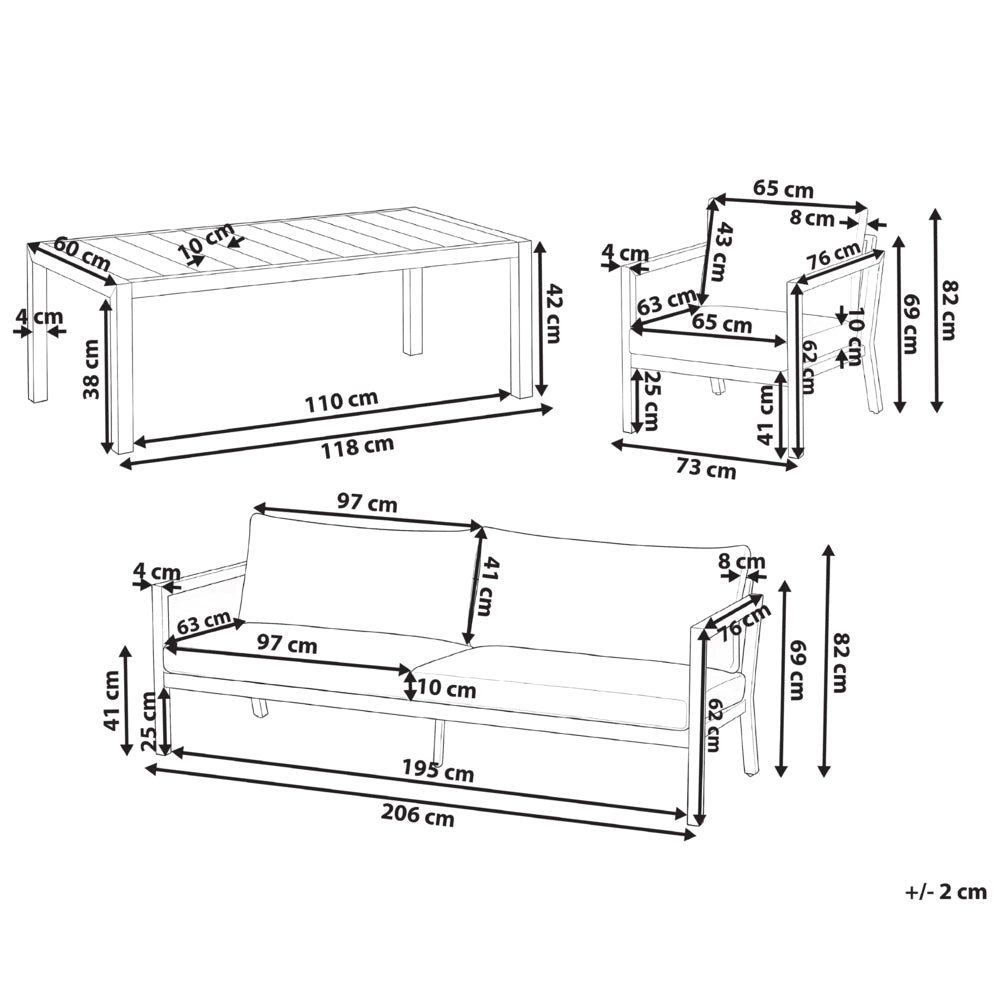 Set da giardino a 5 posti con struttura in metallo rivestimento in finto legno con tavolo e cuscini in tessuto marrone chiaro stile moderno