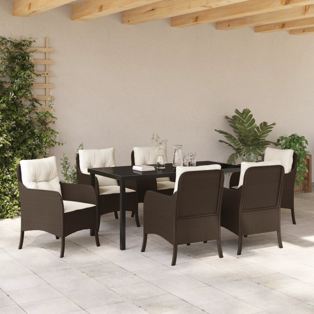 Set da Pranzo da Giardino da 7 Pezzi con Cuscini Marrone Poly Rattan