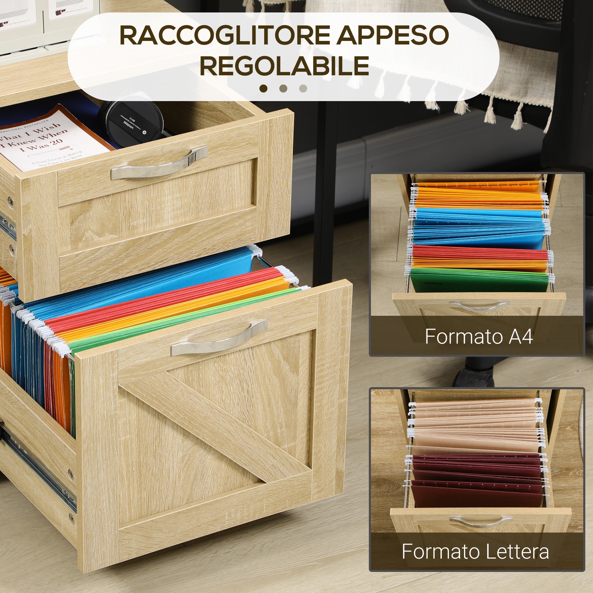 Cassettiera Portadocumenti da Ufficio 39x42x56 cm in Truciolato Legno Naturale
