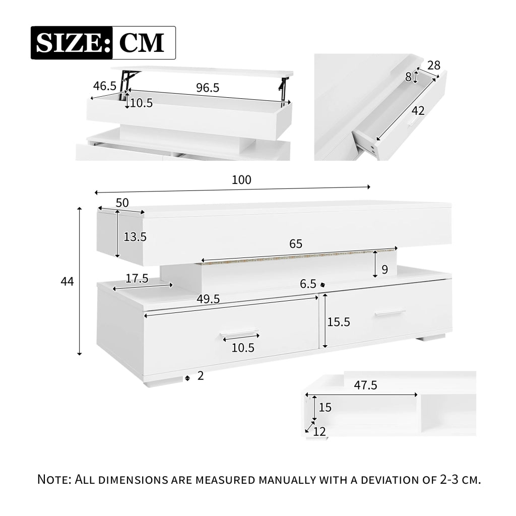 TAVOLINO DA SALOTTO 100x50x44 cm sollevabile idraulico Bianco con LED