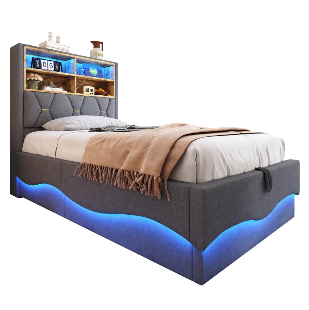Letto per bambini e ragazzi 90x200 cm con LED; USB e contenitore; grigio in lino