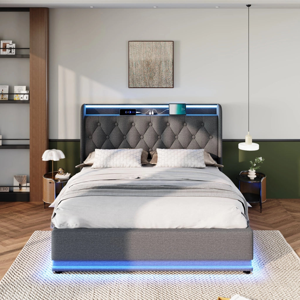Letti contenitori 140x200 cm con LED e vano contenitore; lino grigio; (Senza materasso)