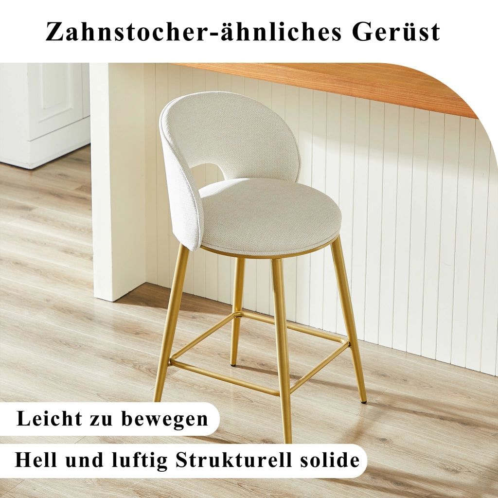 Sgabello da bar in tessuto chenille con schienale traforato e poggiapiedi, struttura in metallo beige per cucina