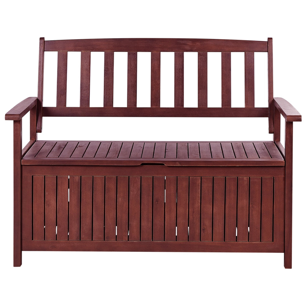 Panca da Esterno con Contenitore in Legno Massello di Acacia 2 Posti 120 cm Rosso Mogano e cuscino grigio