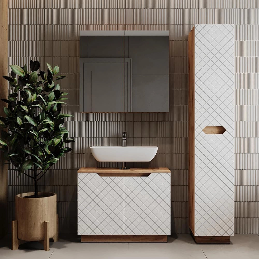 Set di mobili da bagno Lotta, Rovere/bianco con struttura in piastrelle, 3 parti