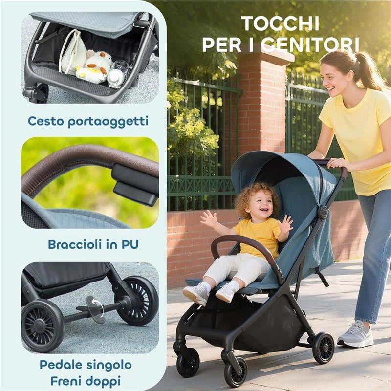 PASSEGGINO PER BAMBINI CON TETTUCCIO REGOLABILE E SACCA PORTAOGGETTI, 87X50X103 CM, BLU E NERO