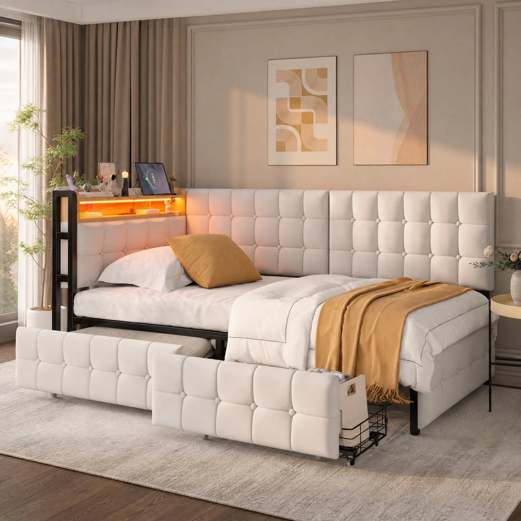 Divano letto imbottito 90x200 cm con LED, USB-C e cassetti
