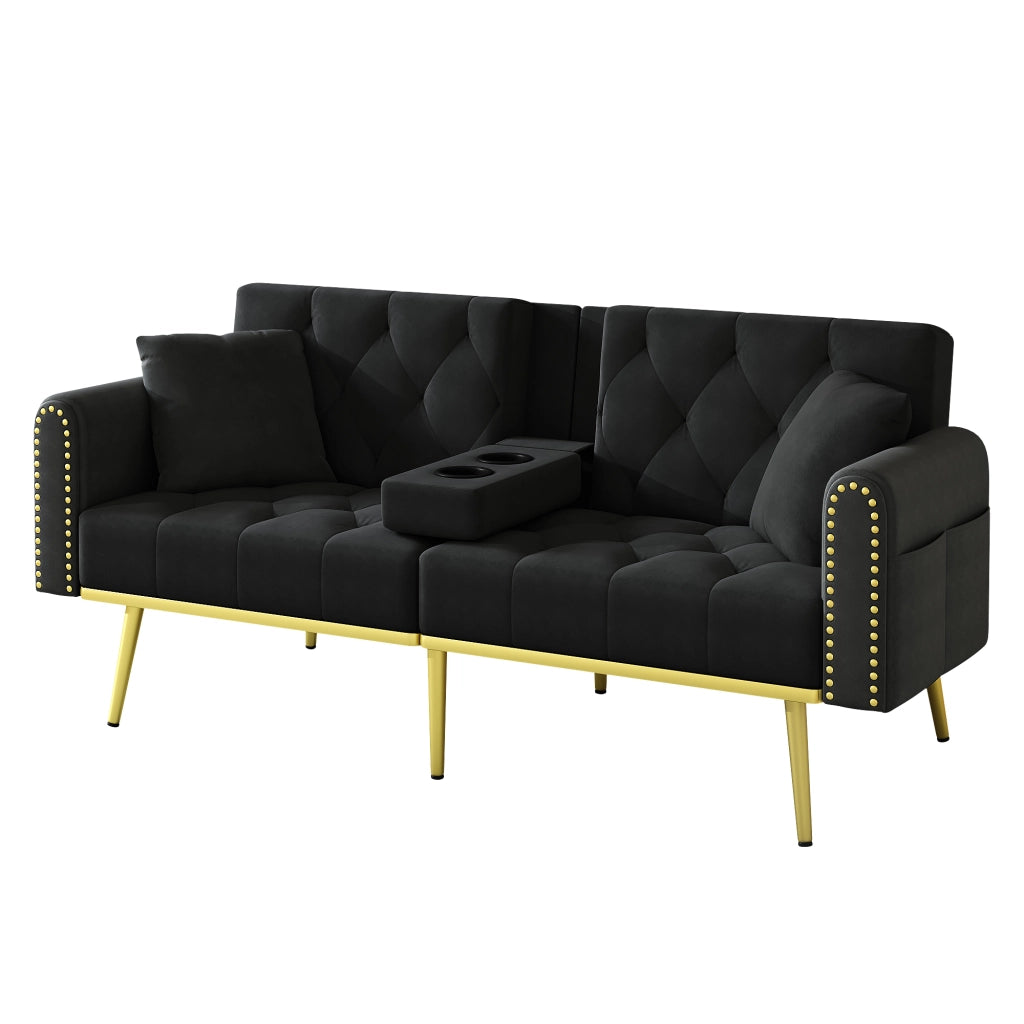 Divano letto in velluto con schienale regolabile, portabicchieri e cuscini, nero 175 × 80 × 73,5 cm