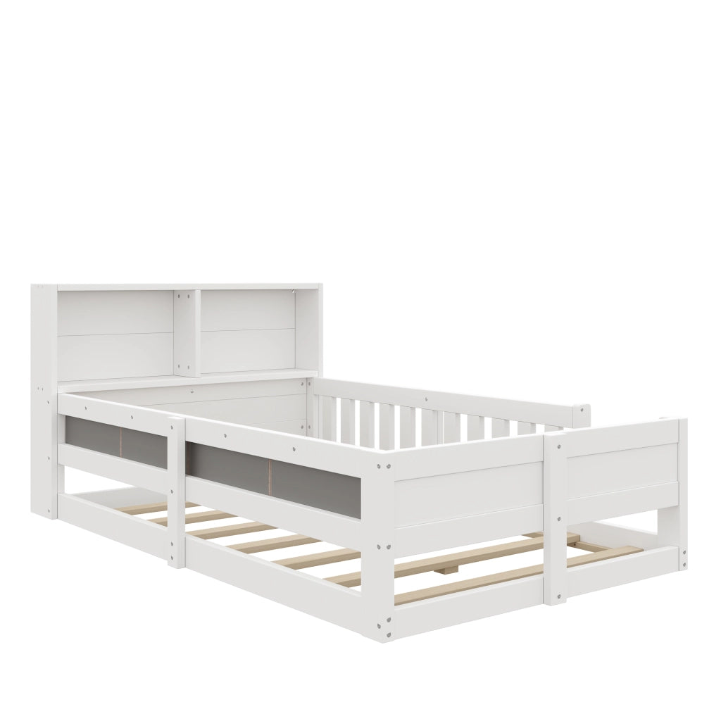 Letto per bambini 90 × 200 cm con testiera contenitore, luci LED, sponde di sicurezza, senza materasso, bianco