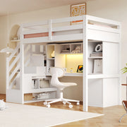 Letto a soppalco 90 × 200 cm con scrivania, scale contenitore, ripiani, LED e prese europee, senza materasso, bianco