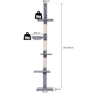 Albero tiragraffi da soffitto regolabile in altezza, 40 x 34 x 230-260 cm, grigio