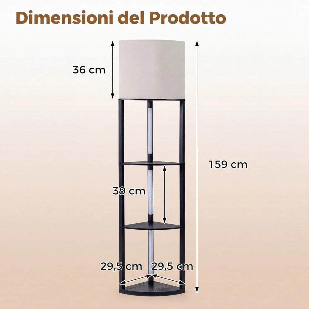 Lampada da Terra Angolare con Mensole, Scaffale a 3 Ripiani con Luci LED Dimmerabili, Paralume in Lino e Interruttore a Pedale, Piantana da Terra per Camera da Letto, Salotto e Studio