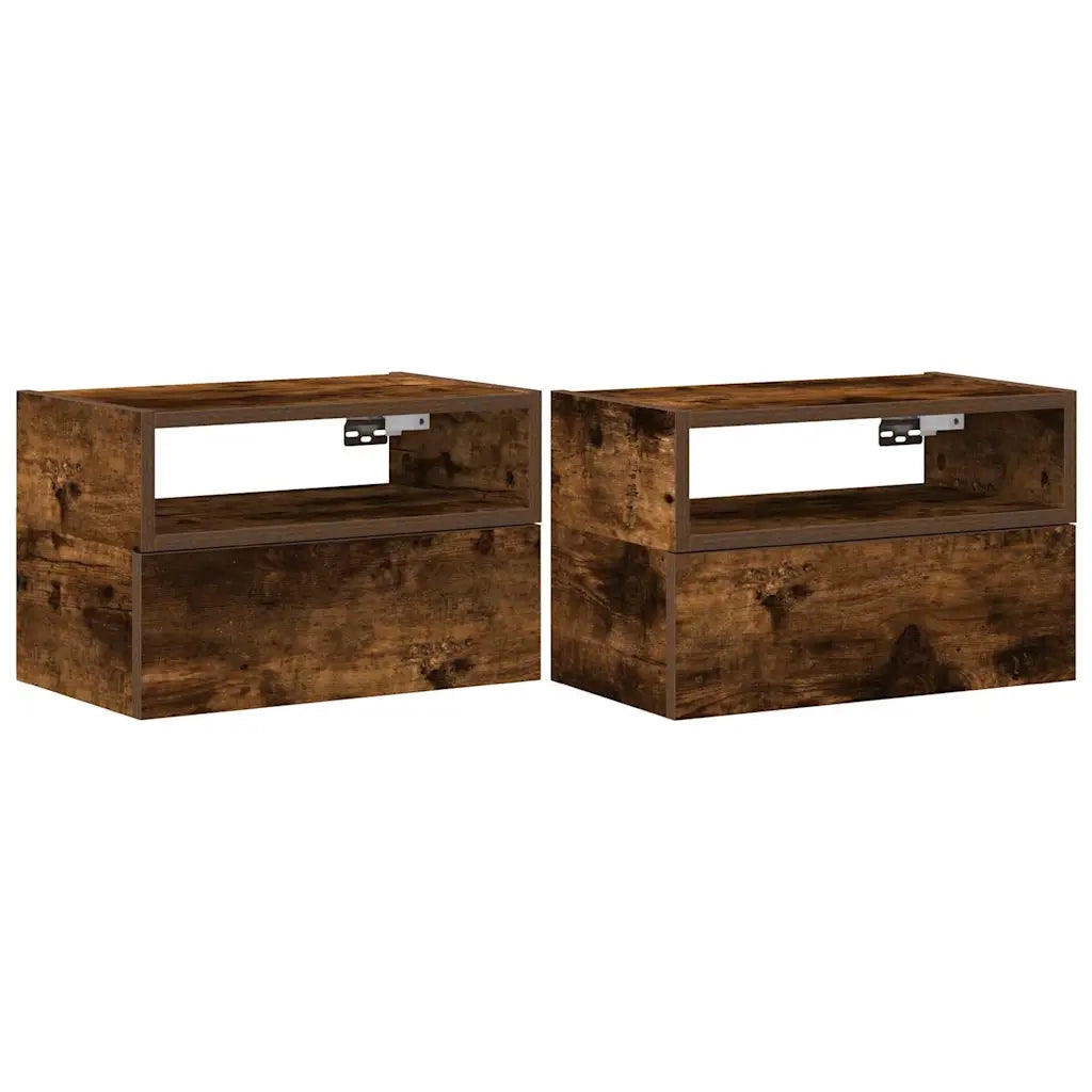 Set di 2 Comodini | Armadio da Notte | Mobiletto da notte a Muro Rovere Fumo 45x26x28,5 cm