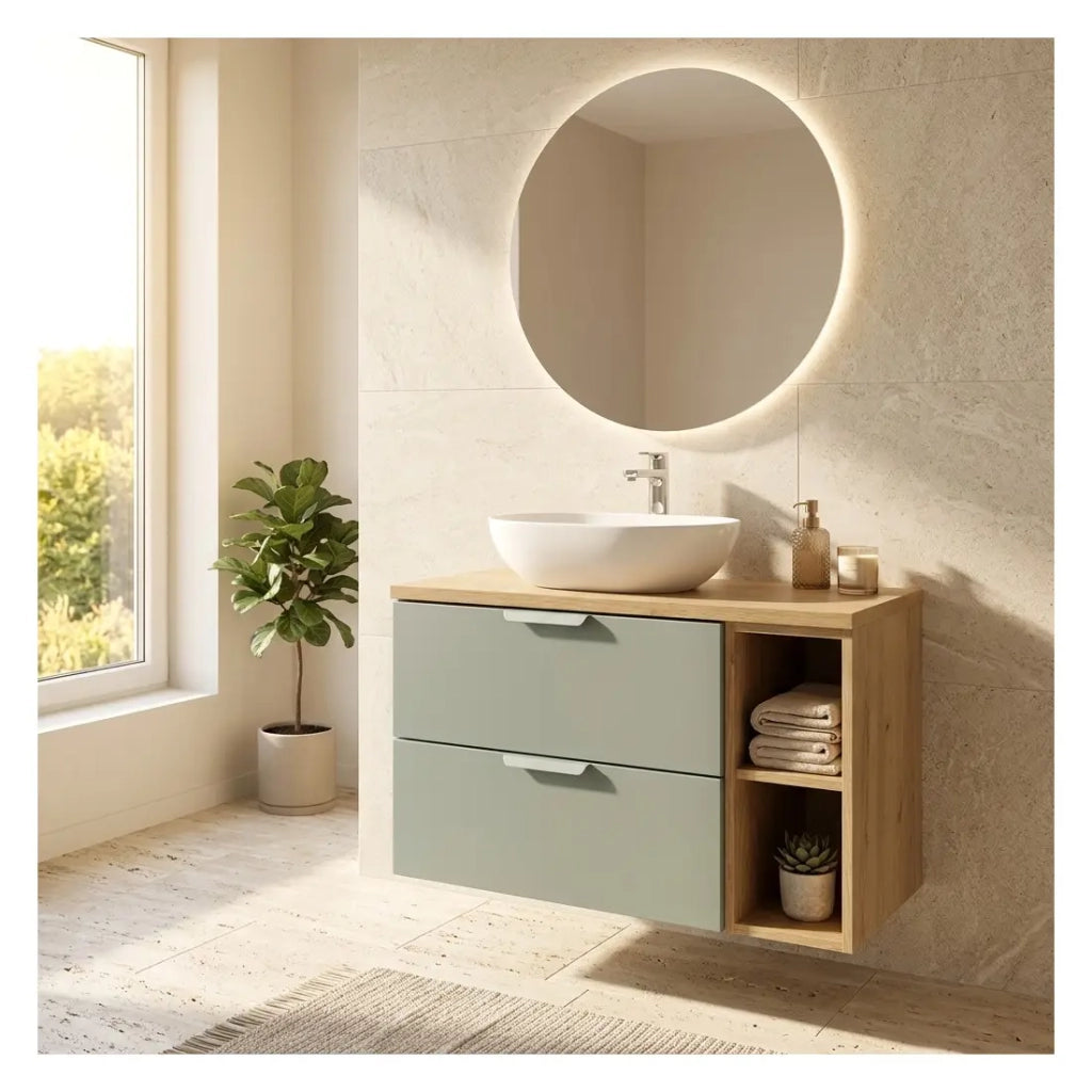 Set da bagno sospeso OSTER 80cm: mobile sottolavabo con cassetti in verde salvia e nicchie a vista + piano per lavabo