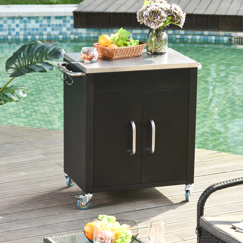Carrello da cucina con ruote, armadietto, piano in acciaio inox, ganci cromati, nero 86x50x86,5 cm