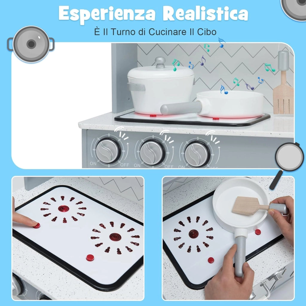 Cucina Giocattolo per Bambini, Cucina per Bambini in Legno con Forno, Microonde, Telefono, Distributore d'Acqua, Lavello e Rubinetto, con Luci e Suoni Realistici, per bambini 3+ Anni