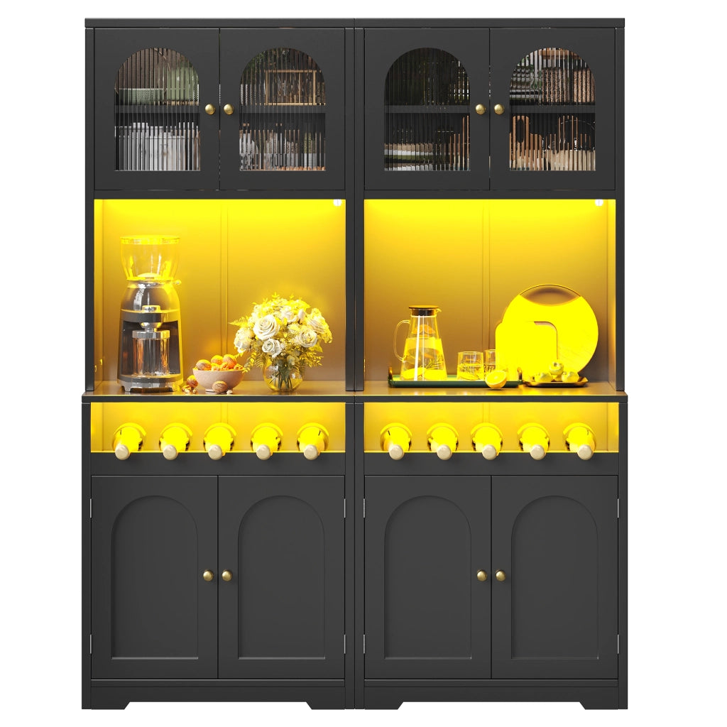Credenza alta set da 2 con ante in vetro; ripiani regolabili; LED e anti-ribaltamento per cucina; nero