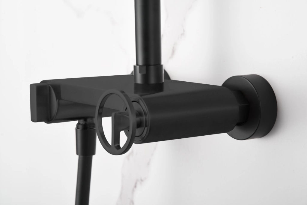 IMEX Set doccia monocomando nero opaco in acciaio inox e ottone asta estensibile soffione Ø20 cm extra piatto anticalcare cartuccia ceramica Ø35 mm tubo 15 m supporto regolabile - Imex-BDC033-NG