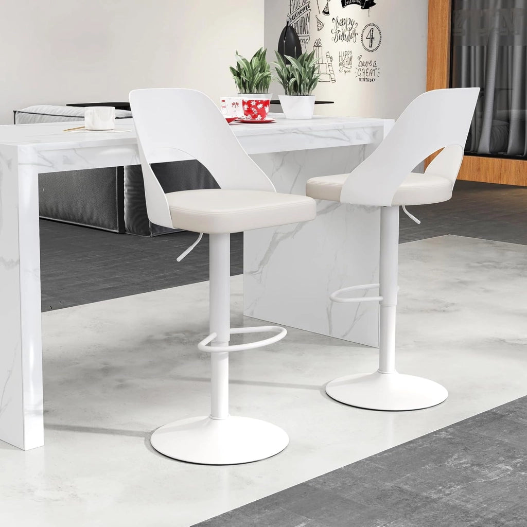 2 Sgabelli Girevoli da Bar Alta 91-111 cm, Set di Sgabelli con Seduta in Ecopelle, Poggiapiedi e Struttura in Metallo, Sedie per Cucina e Bistrò (Bianco)