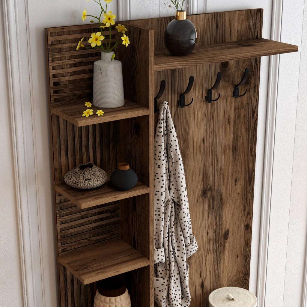 Pecchi, Mobile da Ingresso 8 Ripiani, 90x35x200h cm Marrone Noce