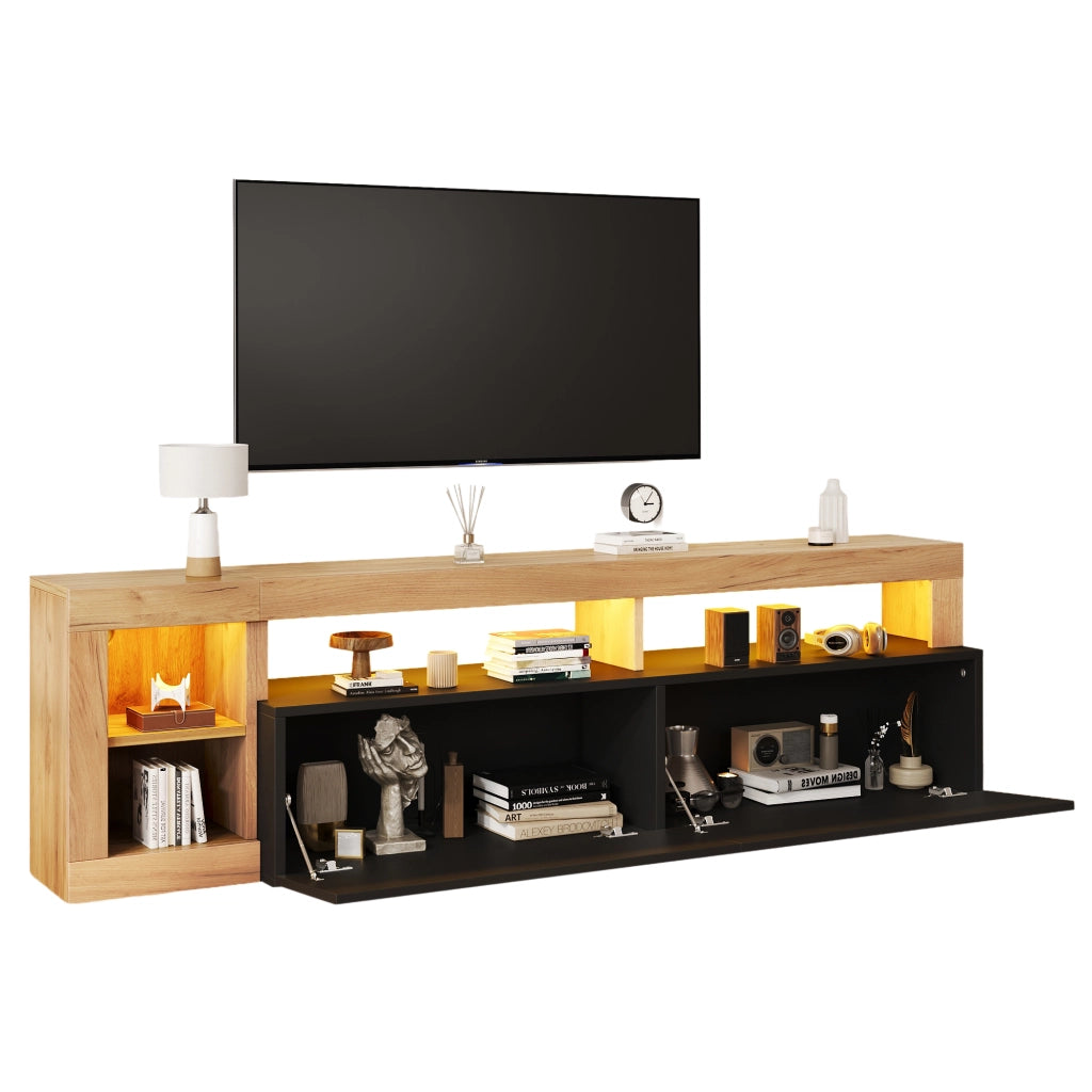 Mobile TV moderno in truciolato con illuminazione LED, colore nero e finitura effetto legno, 184 x 42 x 58 cm, per TV fino a 80 pollici
