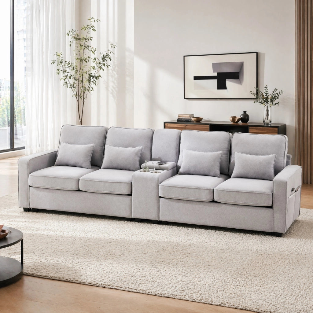 Sofa 4 posti con USB; portabicchieri e tasche laterali; 290 cm; effetto lino grigio