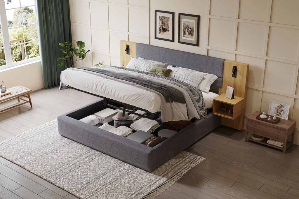 DESMIU Letto contenitore 180 × 200 cm 2 posti con USB-A, USB-C, luce, 2 comodini, senza materasso, velluto grigio naturale