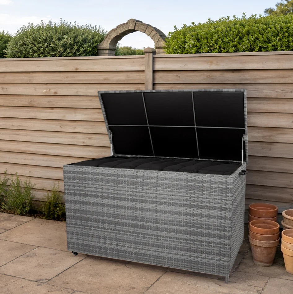 Box Contenitore Rattan Giardino 700L Grigio Baule Esterno con Rivestimento