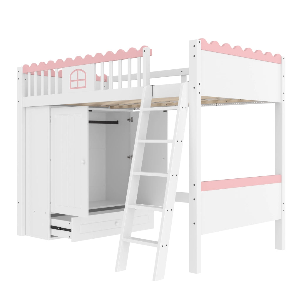 LETTO A CASTELLO 90x200 cm in pino bianco con LED, armadio e cassetti