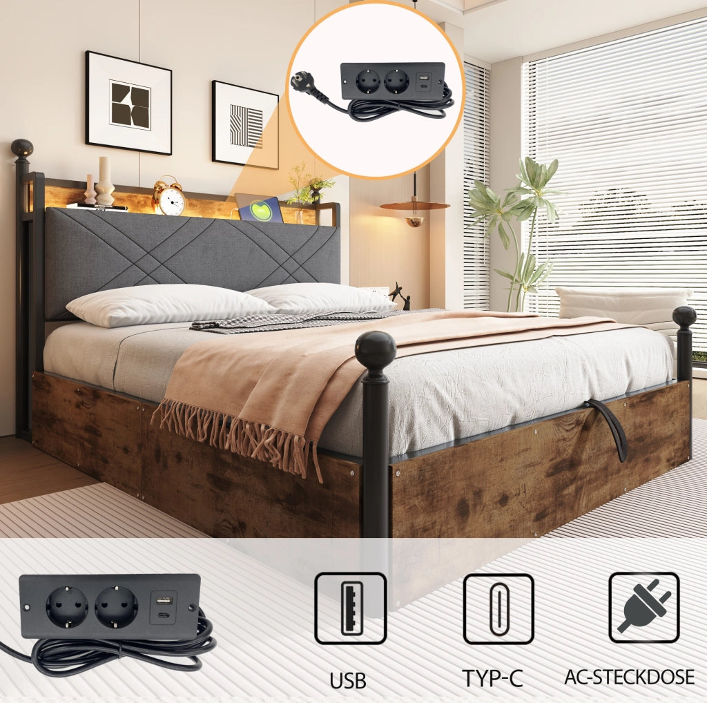 Letto matrimoniale a baldacchino 140x190 cm con contenitore; LED; USB e Type-C; nero