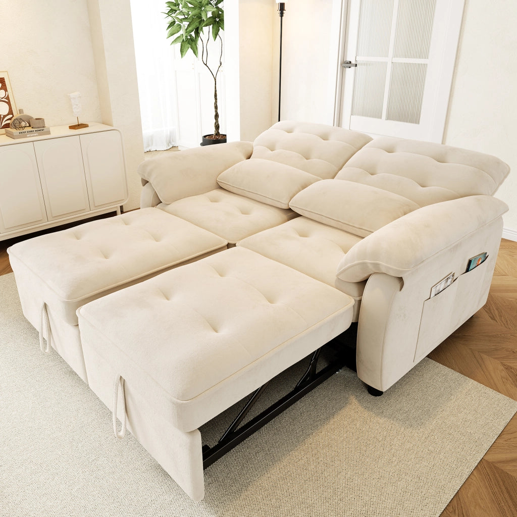 Divano letto 3 in 1 convertibile 142 cm in chenille beige con porta USB e Type-C
