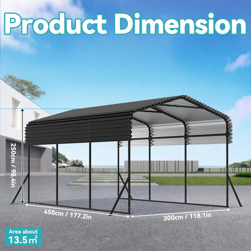 Tettoia per auto in metallo, 300 x 450 cm, con tetto a punta in lamiera trapezoidale, stabile, riparo auto, protezione solare e resistente alle intemperie